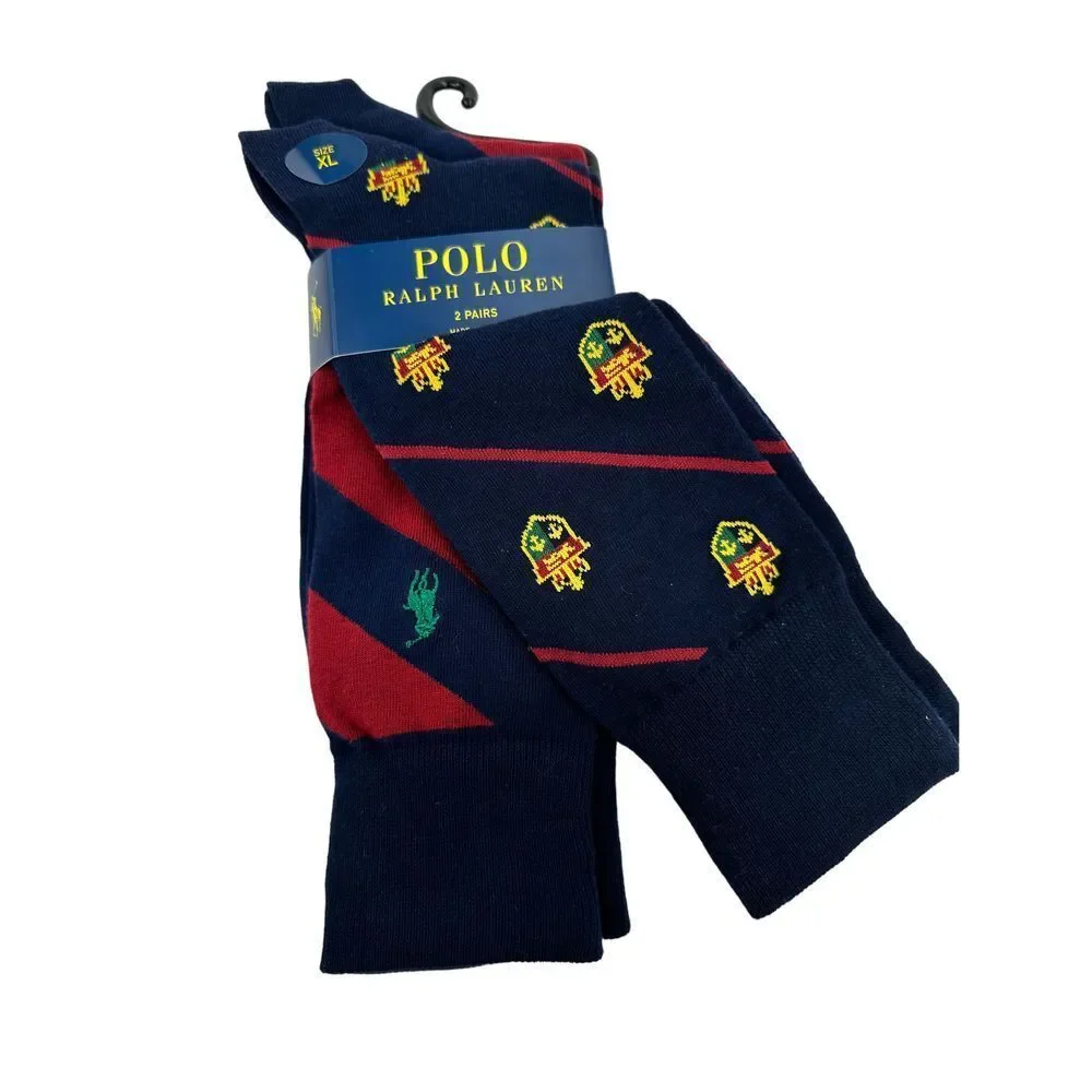 Polo‎ Ralph Lauren 2-Pair Men's Dress Socks – Crest & Stripe Design (XL)